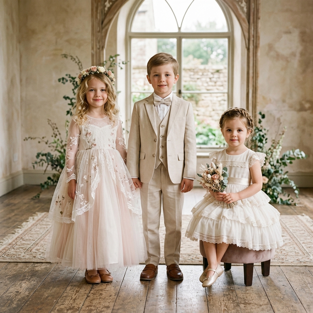 Tendencias de moda infantil de ceremonia 2026 con tonos neutrales y elegantes