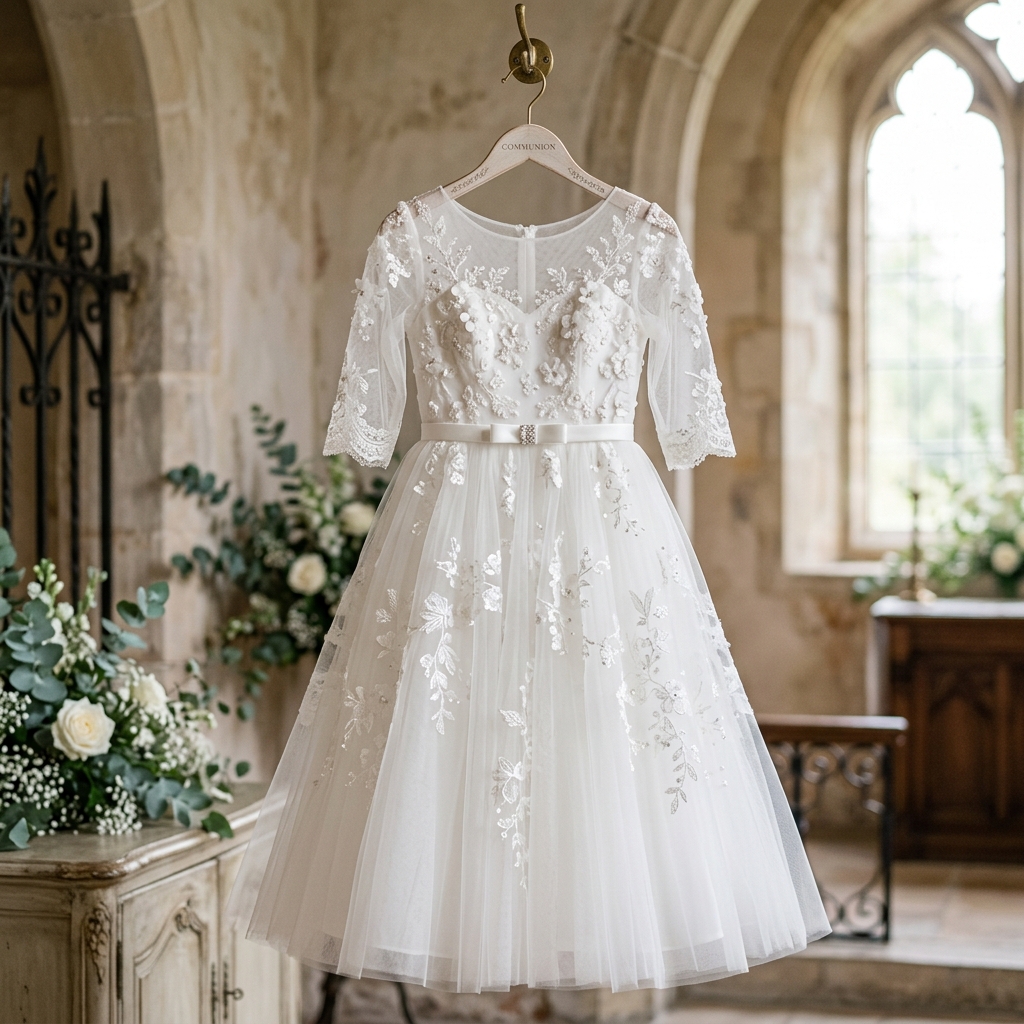 Vestido blanco de Primera Comunión con detalles florales